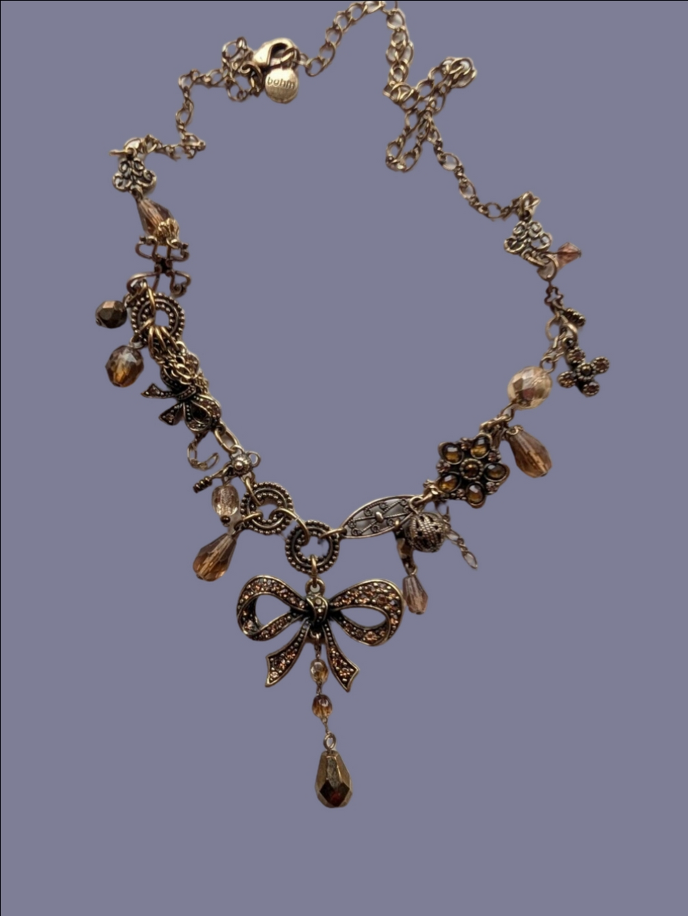 Bohm Charm Necklace Antiqued Finish Bow Pendant in Brown Crystal Jewelry